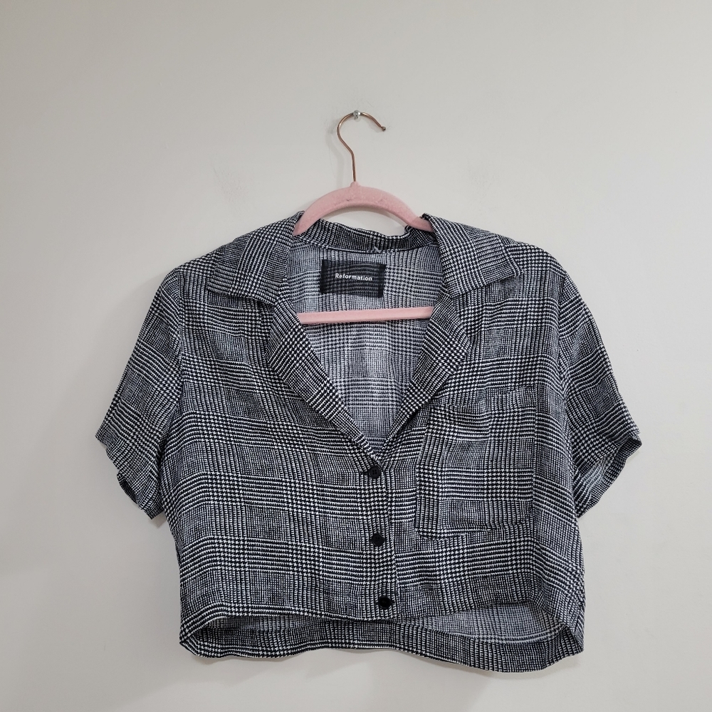 Reformation cropped button down houndstooth top